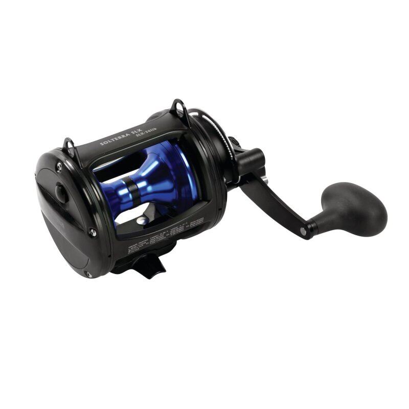 OKUMA Solterra B Trolling 2 Speed SLX-30IIB RH fishing reel with a durable black frame, blue spool, and ergonomic handle for saltwater fishing.