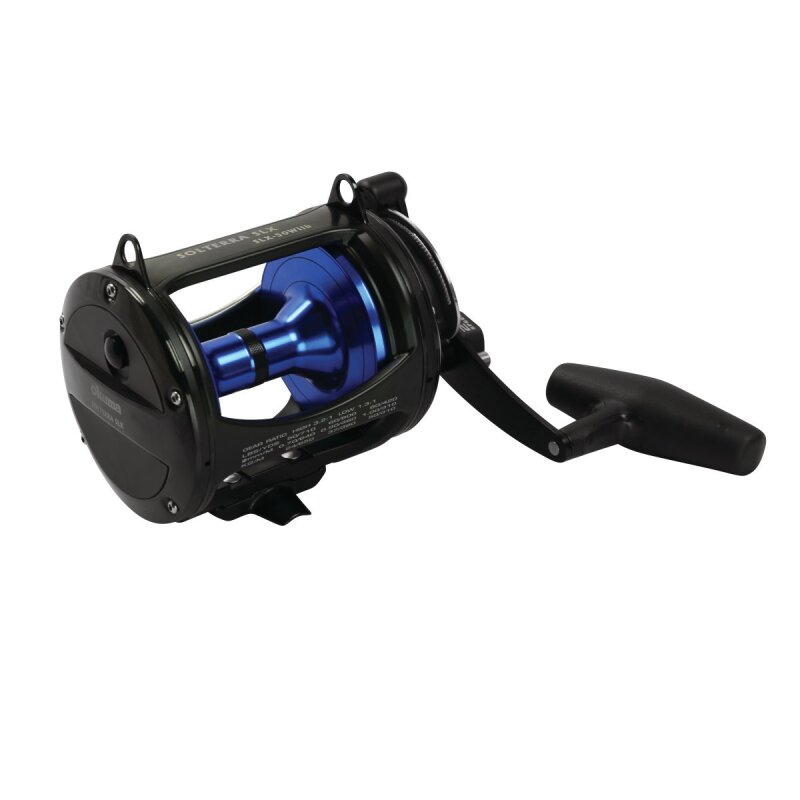 OKUMA Solterra B Trolling 2 Speed SLX50WIIB RH fishing reel with a durable black frame, blue spool, and ergonomic handle for right-hand use.