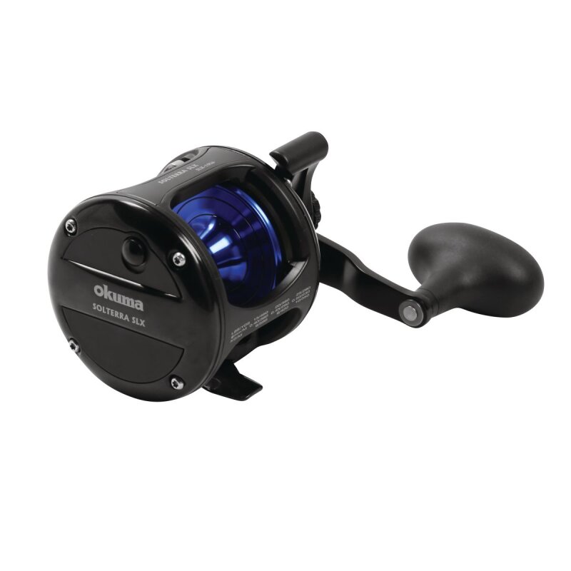 OKUMA Solterra B Trolling Levelwind SLX 10 RH fishing reel with a sleek black design, ergonomic handle, and durable construction for trolling.