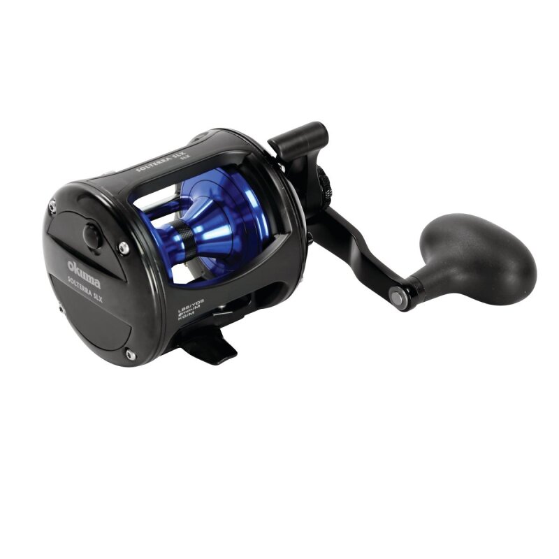 OKUMA Solterra B Trolling Levelwind SLX 15 RH fishing reel with a durable black frame, ergonomic handle, and blue spool for precision trolling.