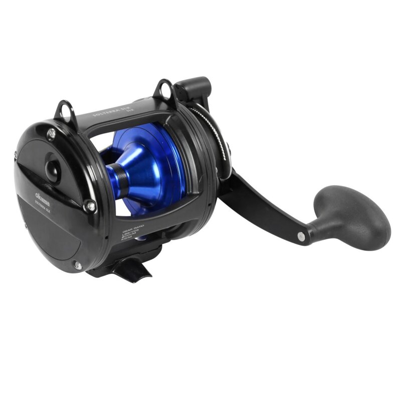 OKUMA Solterra B Trolling Single Speed SLX 20 RH fishing reel with a sleek black design, ergonomic handle, and blue spool for saltwater trolling.