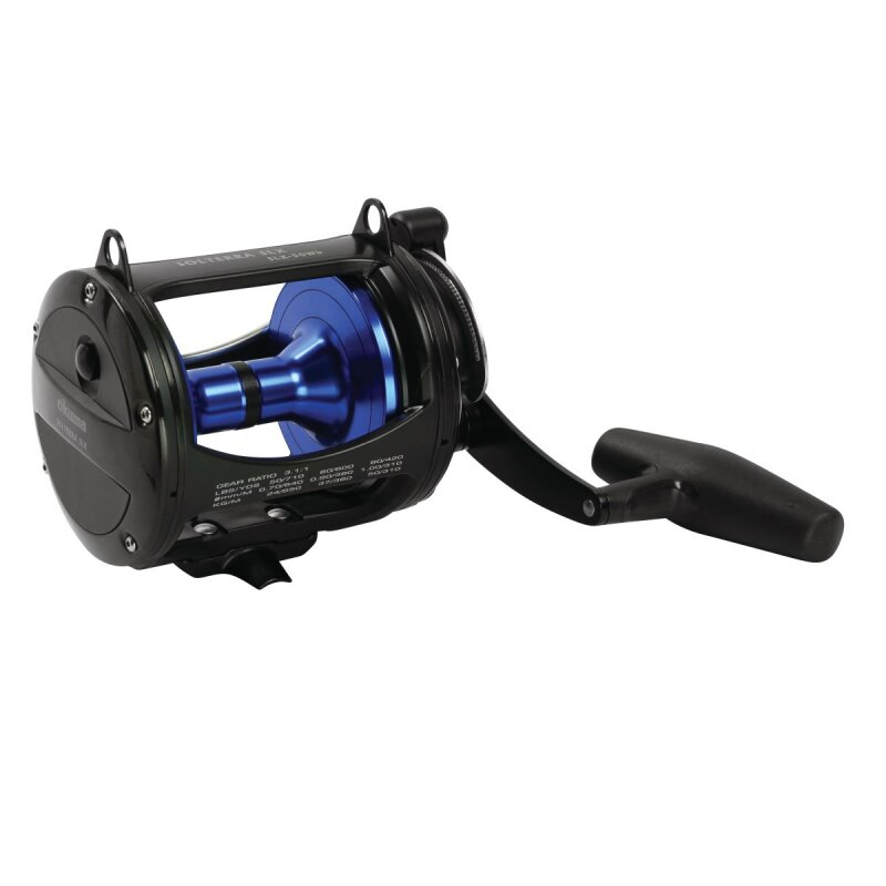 OKUMA Solterra B Trolling Single Speed SLX 50 RH fishing reel with a durable black frame, blue spool, and ergonomic handle for saltwater trolling.