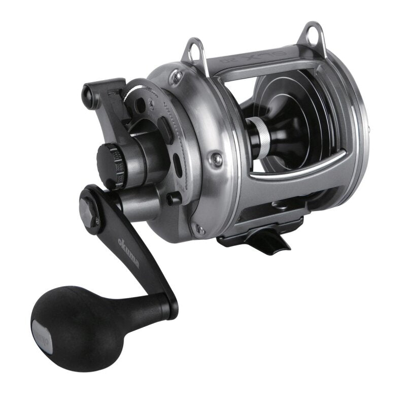 OKUMA Solterra SLX Lever Drag Single Speed 20 RH fishing reel with durable silver finish, ergonomic handle, and precision lever drag system.