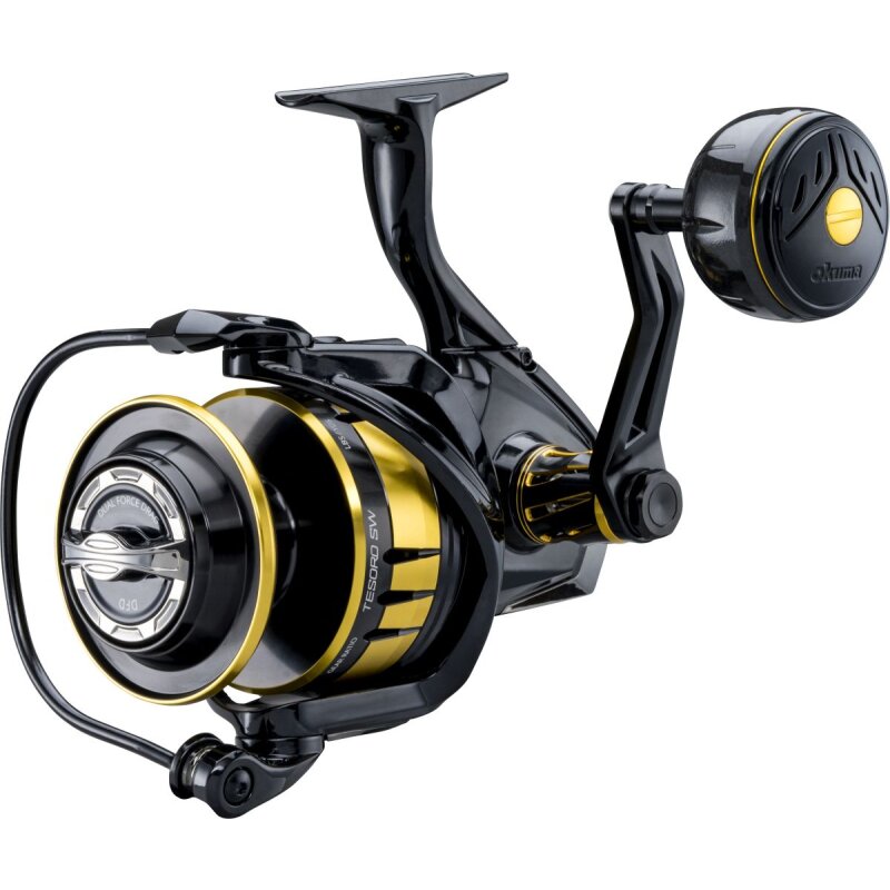 OKUMA Tesoro Low Speed Spin 10000PA fishing reel featuring a sleek black and gold design with ergonomic handle and durable construction.