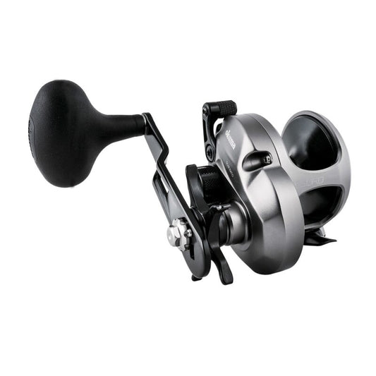 OKUMA Tesoro Star Drag 10S fishing reel with a sleek silver finish, ergonomic handle, and durable construction for saltwater fishing.