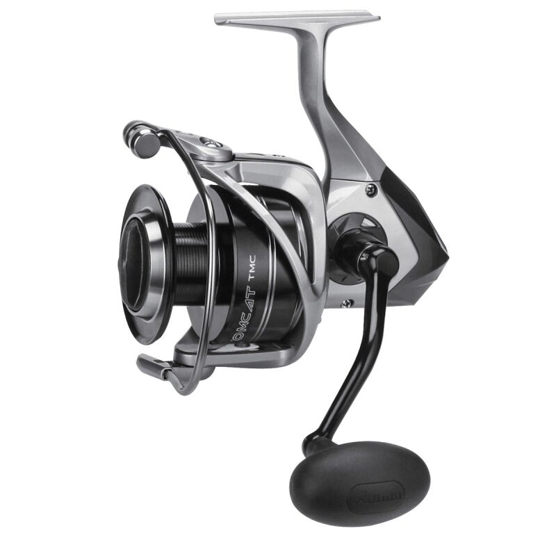 OKUMA Tomcat Spin 16000 fishing reel with sleek silver and black design, ergonomic handle, and durable construction for saltwater fishing.