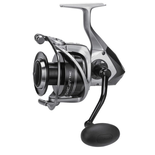 OKUMA Tomcat Spin 4000 fishing reel with sleek silver and black design, ergonomic handle, and durable construction for versatile fishing.