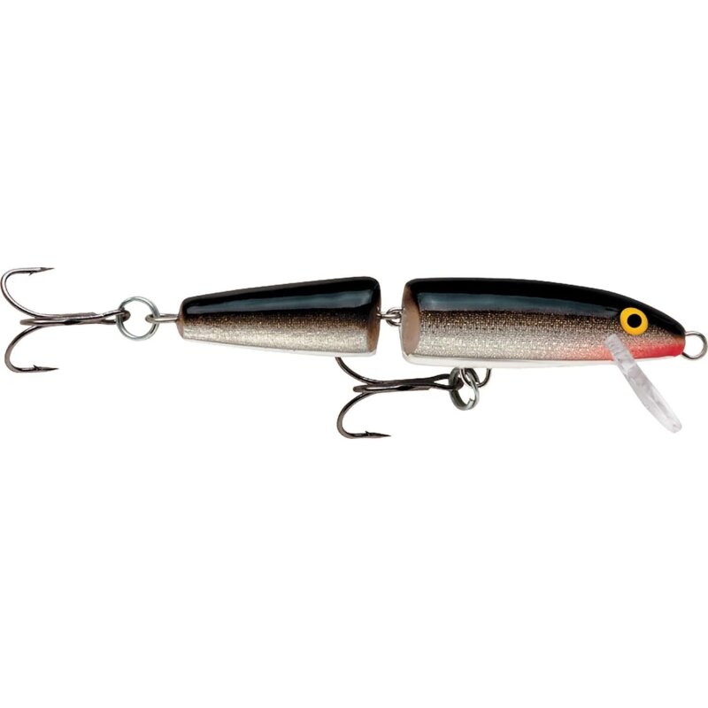 RAPALA Jointed 9cm 7g Silver fishing lure with a segmented body, black back, silver sides, and yellow eye detail, ideal for freshwater fishing.