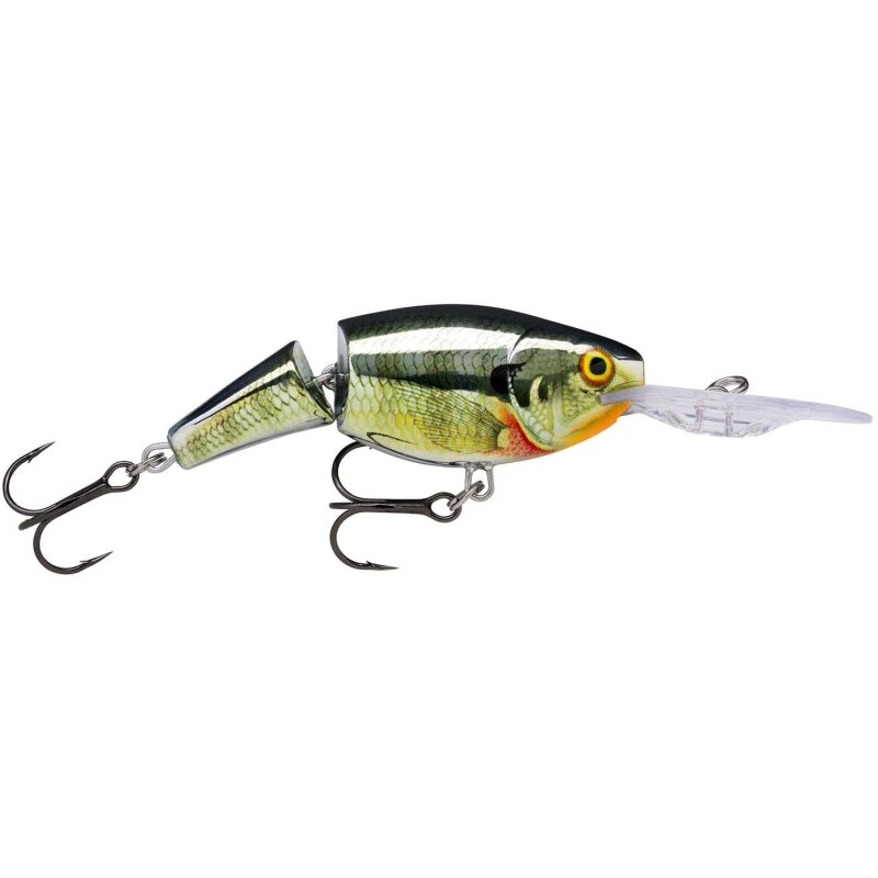 RAPALA Jointed Shad Rap 5cm 8g Chrome Bluegill fishing lure with lifelike bluegill pattern, jointed body, and dual treble hooks.