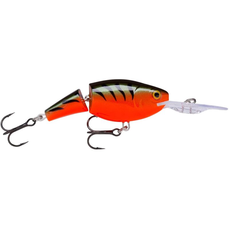 RAPALA Jointed Shad Rap 7cm 13g Red Tiger lure featuring a segmented body, vibrant red and black tiger pattern, and dual treble hooks.