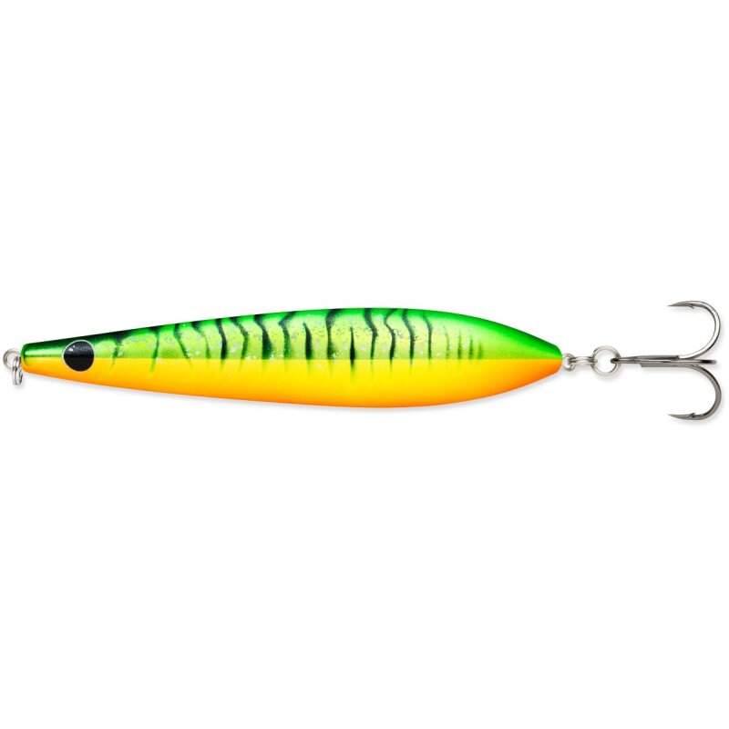 RAPALA Kallan 11cm 26g Firetiger lure with vibrant green, yellow, and orange design, featuring black stripes and a treble hook for fishing.