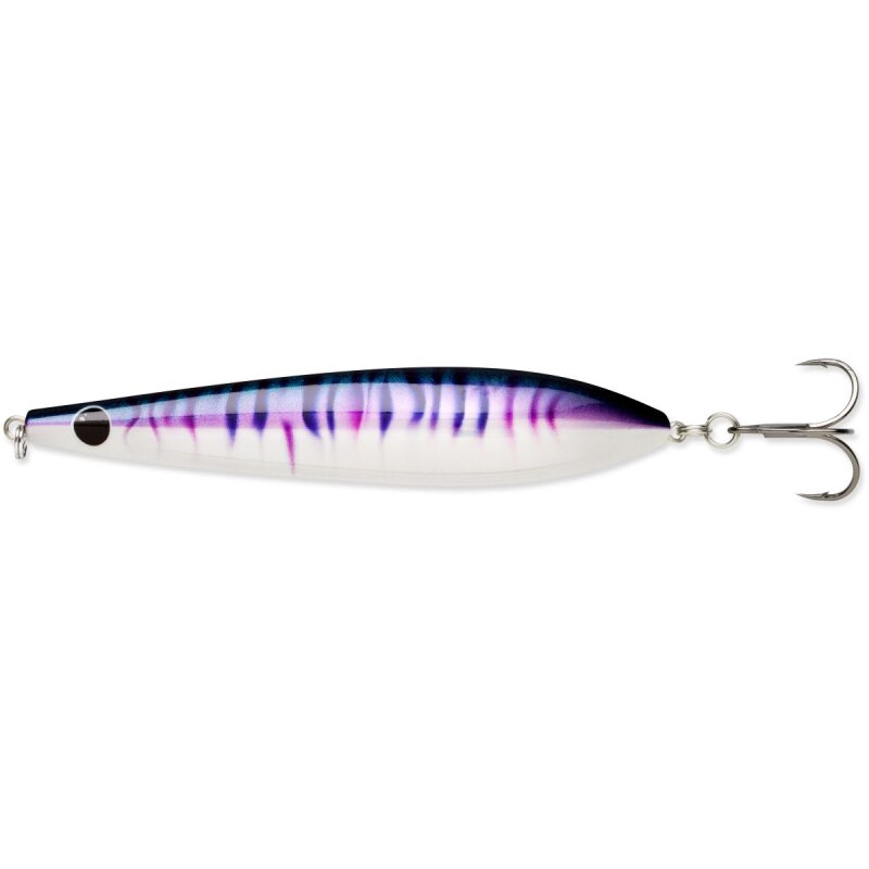 RAPALA Kallan 11cm 26g Purple Tiger fishing lure with a sleek design, vibrant purple and white striped pattern, and a treble hook for effective fishing.