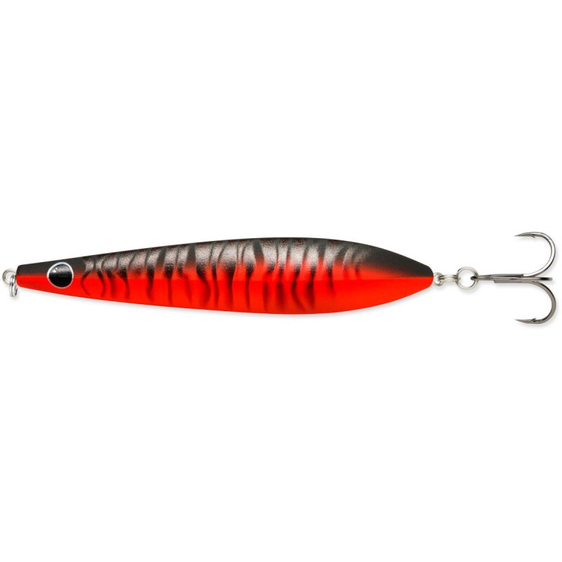 RAPALA Kallan 11cm 26g Red Tiger fishing lure with a vibrant red and black striped design, featuring a treble hook for effective fishing.