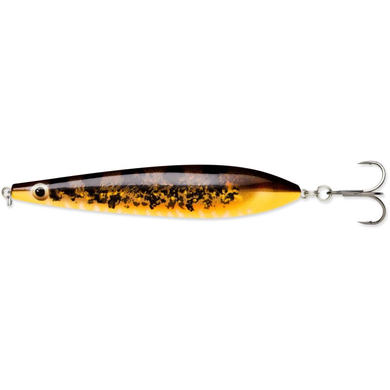 RAPALA Kallan 11cm 26g Seadweed Shaker fishing lure with a sleek design, featuring a yellow and brown pattern and a treble hook for effective fishing.