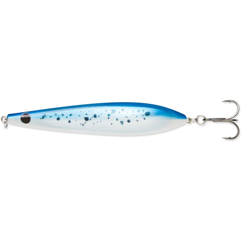 RAPALA Kallan 11cm 26g Silver Blue fishing lure with a sleek silver body, blue top, and black speckled design, featuring a treble hook.