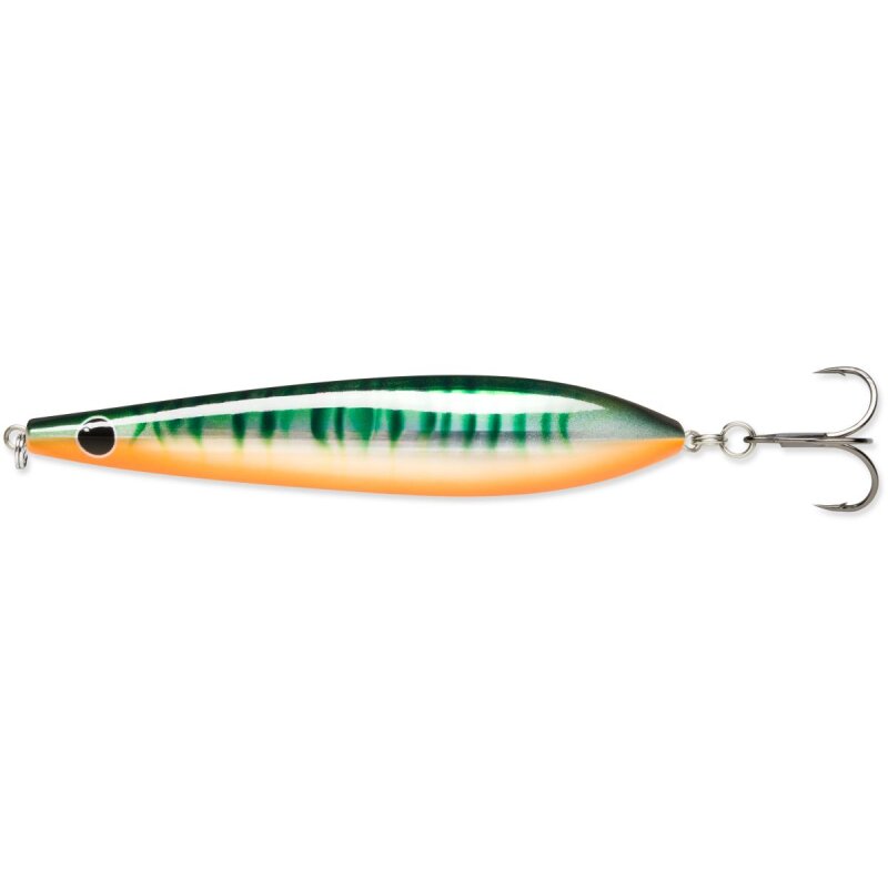 RAPALA Kallan 11cm 26g Spotted Copper fishing lure with a green and orange gradient body, black stripes, and a treble hook.