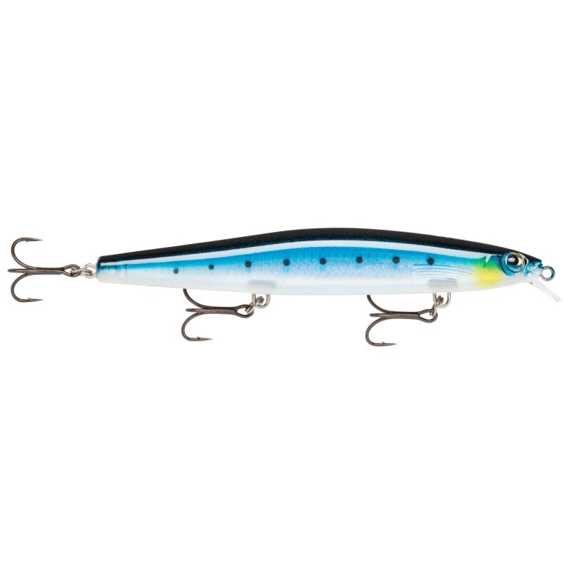 RAPALA Maxrap Long Range Minnow 12cm 20g Flake Blue Sardine fishing lure with a sleek blue and silver body, black back, and treble hooks.