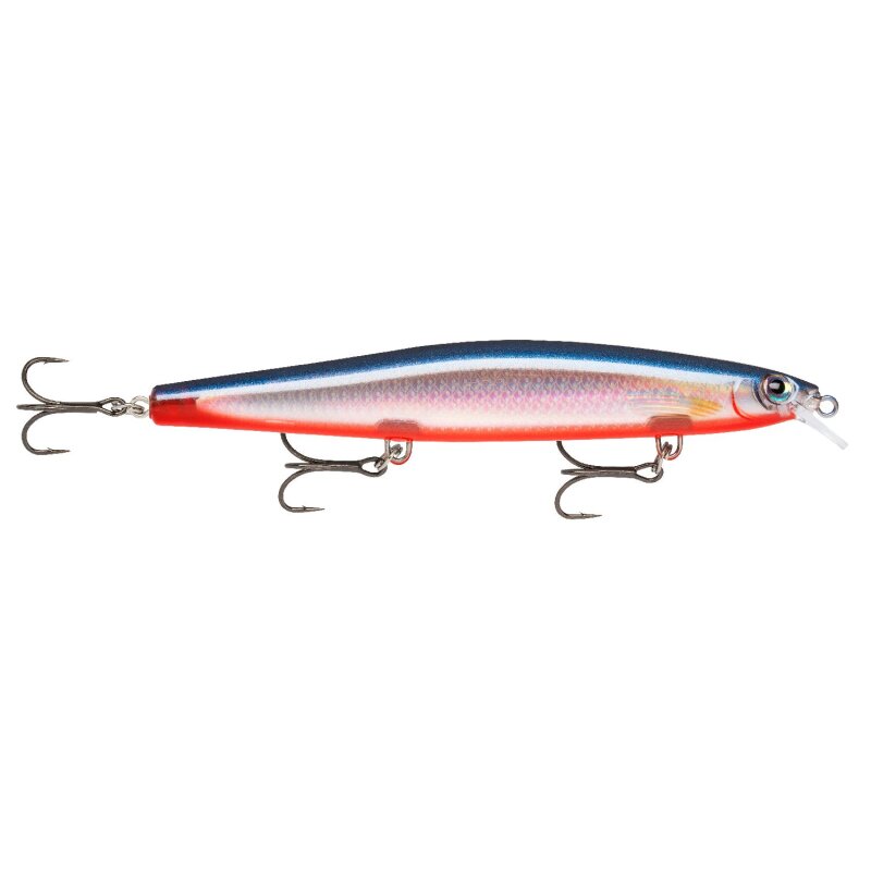 RAPALA Maxrap Long Range Minnow 12cm 20g Flake Red Steel fishing lure with a sleek design, vibrant red and steel finish, and triple treble hooks.