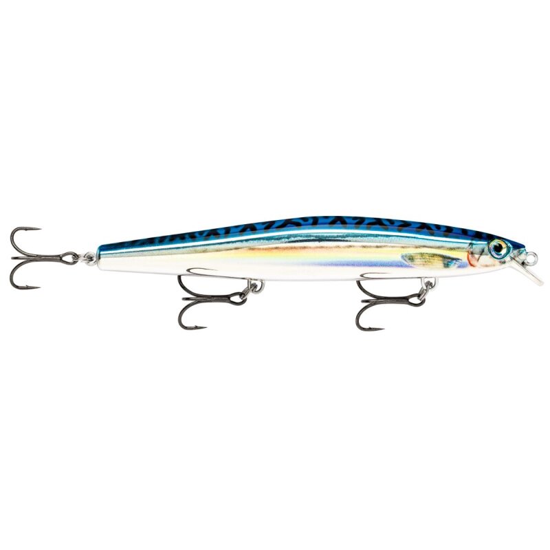 RAPALA Maxrap Long Range Minnow 12cm 20g Live Blue Mackerel fishing lure with realistic blue mackerel pattern and three treble hooks.