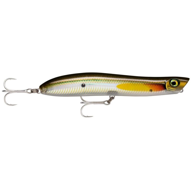 RAPALA Maxrap Walk'N Roll 10cm 13g Flake Ayu fishing lure with a sleek design, featuring a green and yellow flake finish and dual treble hooks.