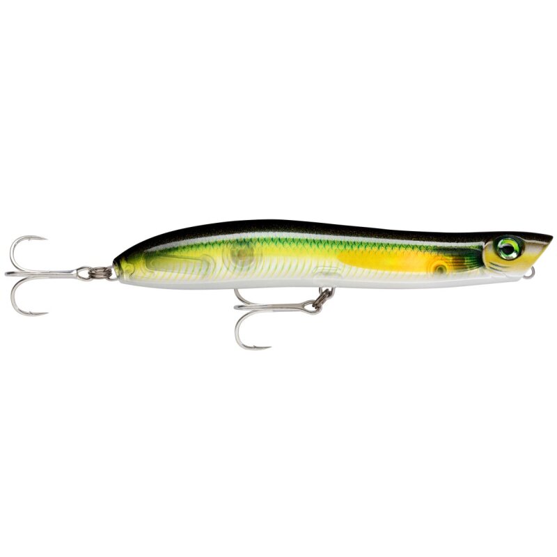 RAPALA Maxrap Walk'N Roll 10cm 13g Flake Green fishing lure with a sleek green and yellow design, featuring two treble hooks for effective fishing.