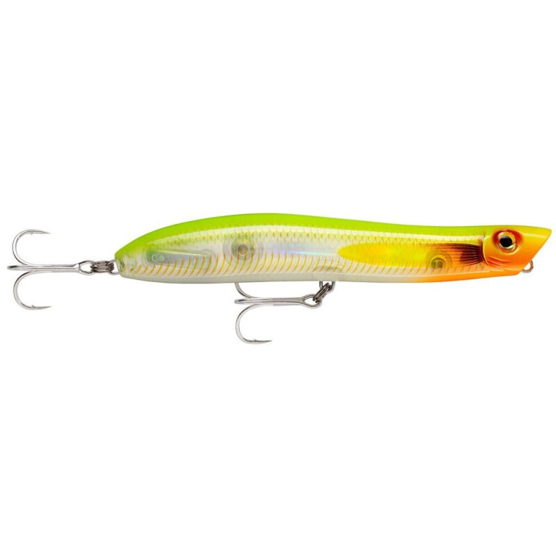 RAPALA Maxrap Walk'N Roll 10cm 13g Flake Hot Chartreuse lure with vibrant yellow-green body, orange accents, and dual treble hooks for fishing.