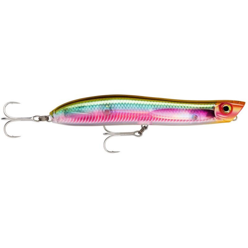 RAPALA Maxrap Walk'N Roll 10cm 13g Ghost Sandeel fishing lure with vibrant pink, green, and yellow details, featuring two treble hooks for effective fishing.