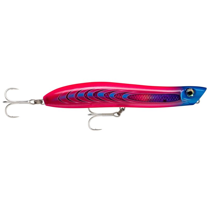 RAPALA Maxrap Walk'N Roll 10cm 13g Pink Boomerang fishing lure with vibrant pink and blue design, featuring dual treble hooks for effective angling.