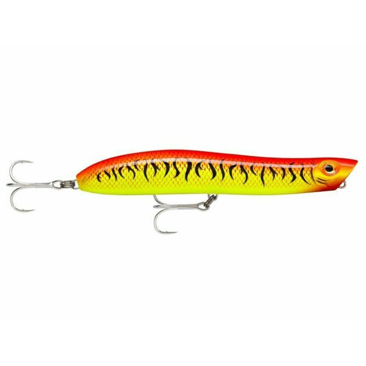 RAPALA Maxrap Walk'N Roll 13cm 29g Hot Tiger lure with vibrant orange and yellow body, black tiger stripes, and dual treble hooks.