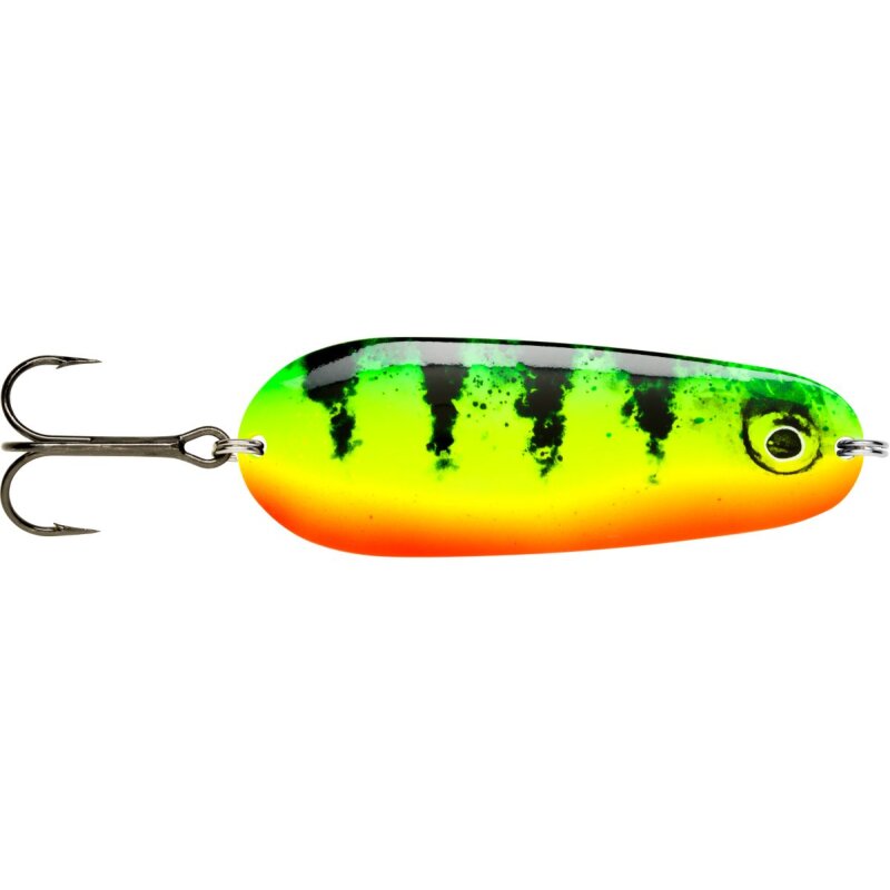 RAPALA Nauvo 6,6cm 19g Firetiger fishing lure with vibrant green, yellow, and orange design and black stripes, featuring a treble hook.