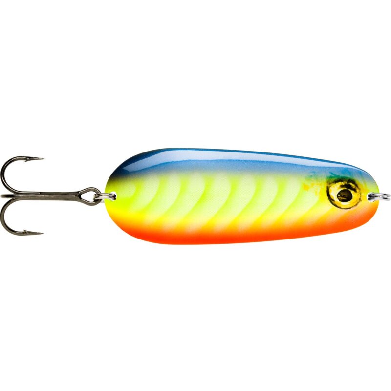 RAPALA Nauvo 6,6cm 19g Holographic Silver fishing lure with vibrant blue, yellow, and orange gradient design, featuring a treble hook.