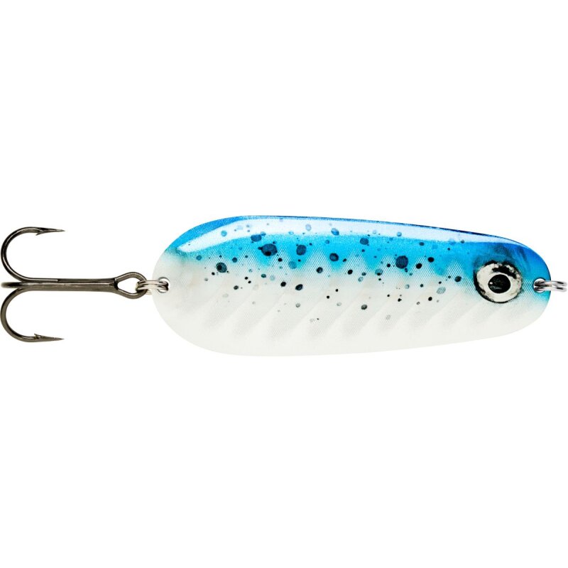 RAPALA Nauvo 9,5cm 37g Blue Ice fishing lure with a blue and white gradient design, black speckles, and a treble hook.