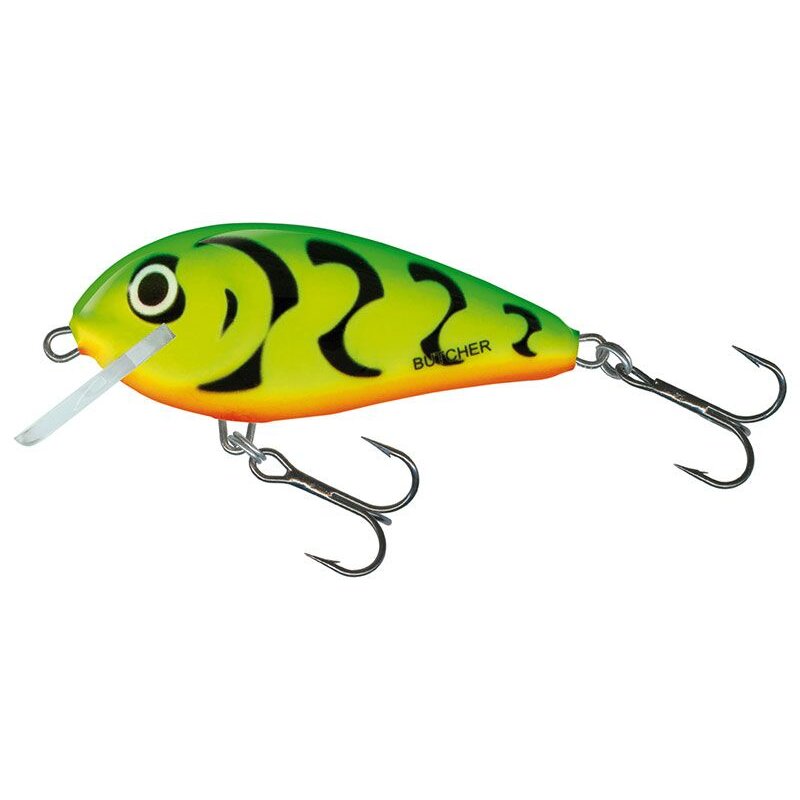 SALMO Butcher Floating 5cm 5g Green Tiger lure with vibrant green and yellow body, black tiger stripes, and dual treble hooks.