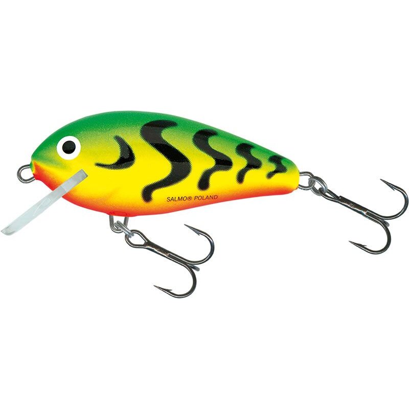 SALMO Butcher Sinking 5cm 7g Green Tiger lure with vibrant green and yellow body, black stripes, and dual treble hooks for fishing.