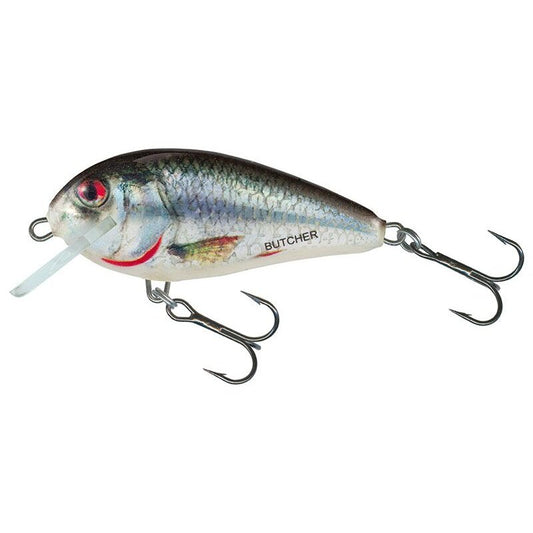 SALMO Butcher Sinking 5cm 7g fishing lure with holographic Real Dace design, featuring dual treble hooks and lifelike fish details.