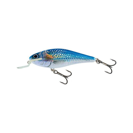 SALMO Executor Shallow Runner 12cm 33g Holo Shiner fishing lure with a blue and silver holographic finish, featuring two treble hooks and a shallow diving lip.