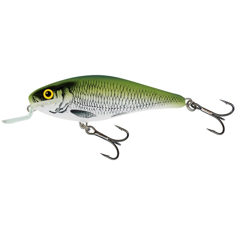 SALMO Executor Shallow Runner 7cm 8g Olive Bleak fishing lure with realistic fish scale pattern, olive green back, and dual treble hooks.