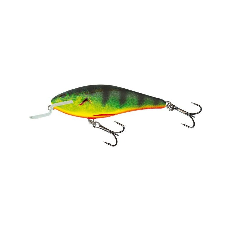 SALMO Executor Shallow Runner 9cm 14,5g Real Hot Perch lure with vibrant green and yellow perch pattern, equipped with two treble hooks.