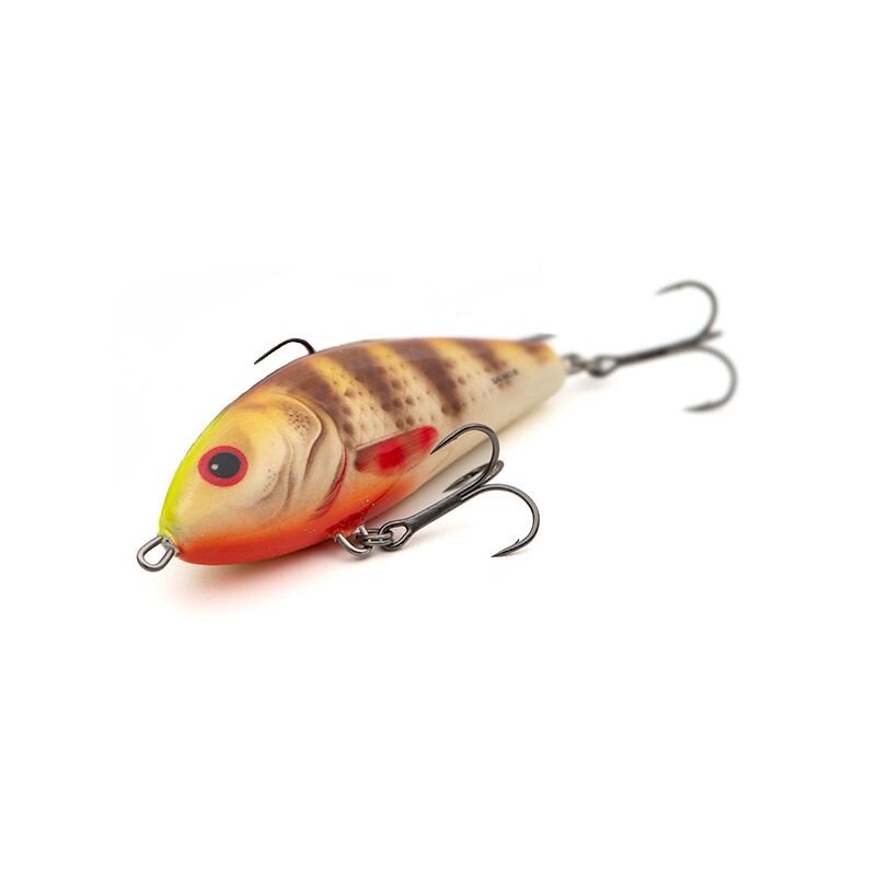 SALMO Fatso 10F 10cm 48g Spotted Brown Perch lure with realistic fish pattern, red accents, and dual treble hooks for fishing.