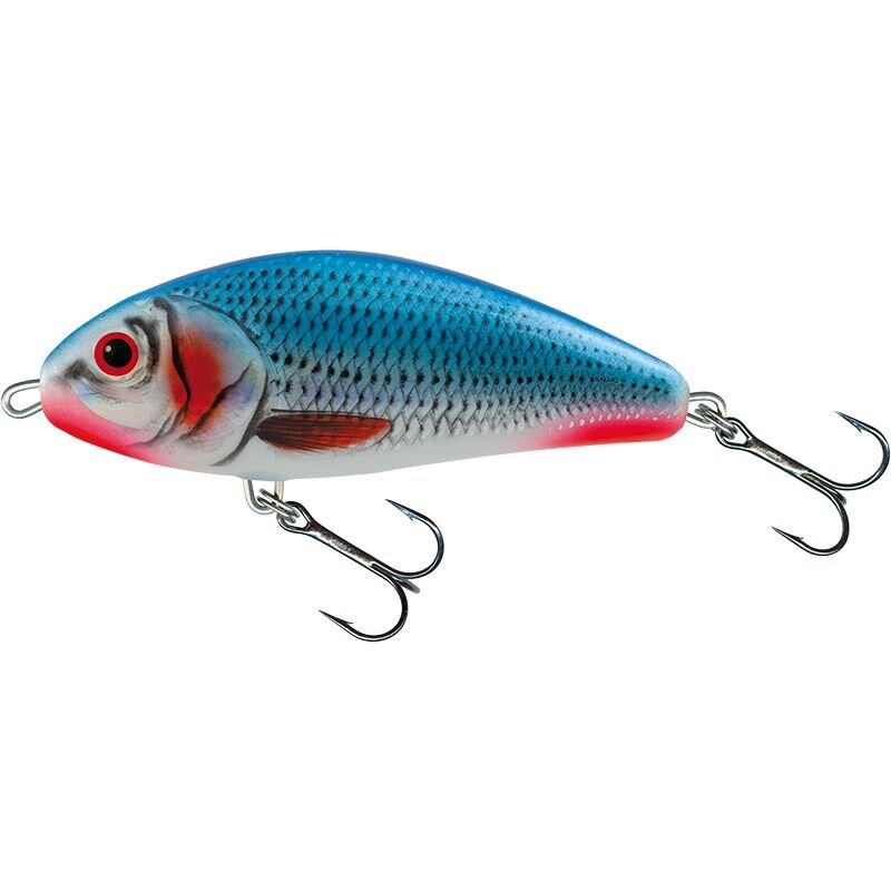 SALMO Fatso Floating 12cm Bleeding Blue Shad fishing lure with realistic fish design, vibrant blue and red accents, and dual treble hooks.