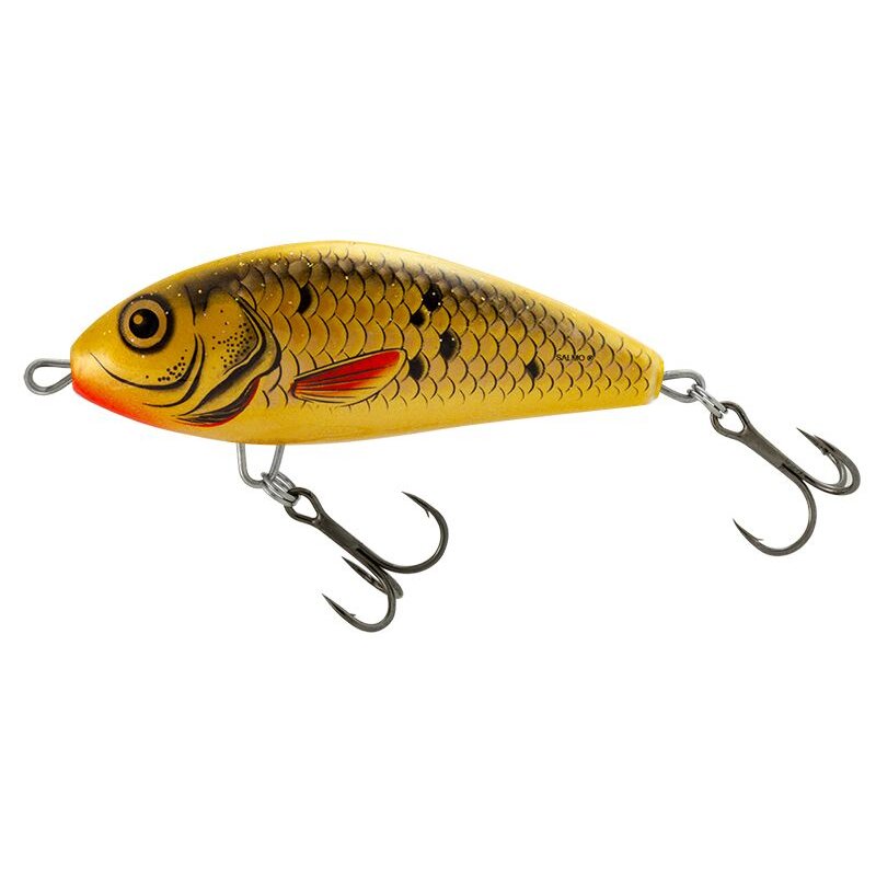 SALMO Fatso Floating 12cm Bleeding Golden Bait with lifelike fish design, sharp treble hooks, and golden scale pattern for fishing.