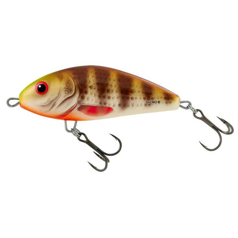 SALMO Fatso Floating 12cm Spotted Brown Perch lure with realistic fish design, dual treble hooks, and vibrant perch pattern for fishing.