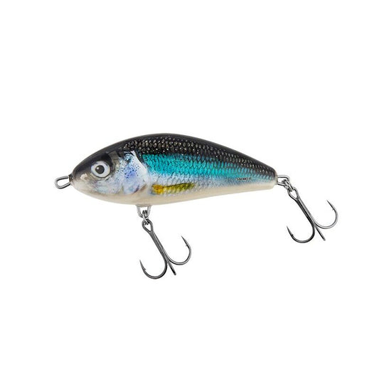 SALMO Fatso Floating 12cm Spotted Holo Smelt fishing lure with realistic fish design, dual treble hooks, and holographic finish.