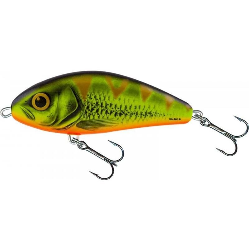 SALMO Fatso Floating 14cm 95g Mat Tiger lure with vibrant green and orange tiger pattern, equipped with two treble hooks for fishing.