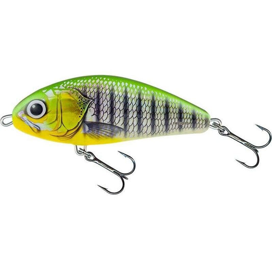 SALMO Fatso Floating 14cm 95g Phantom Perch lure featuring a vibrant green and yellow fish design with realistic scale patterns and dual treble hooks.