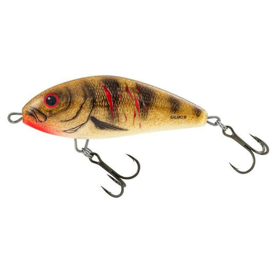 SALMO Fatso Floating 14cm 95g Wounded Emerald Perch lure featuring a realistic fish design with red accents and dual treble hooks.