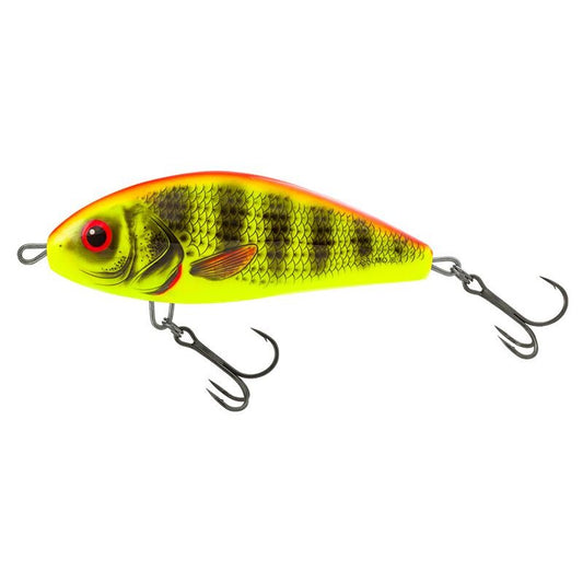 SALMO Fatso Floating 8cm Bright Perch lure with vibrant yellow and red design, black perch pattern, and dual treble hooks for fishing.