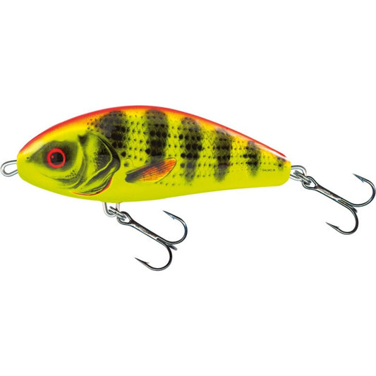 SALMO Fatso Sinking 10cm 52g Bright Perch fishing lure with vibrant yellow and green perch pattern, equipped with two treble hooks.