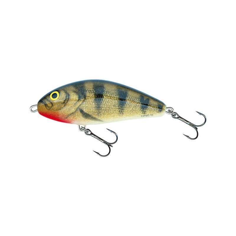 SALMO Fatso Sinking 10cm 52g Emerald Perch lure with realistic perch pattern, dual treble hooks, and vibrant yellow and red accents.