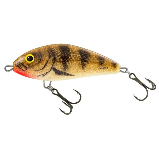 SALMO Fatso Sinking 12cm Emerald Perch fishing lure with realistic perch design, dual treble hooks, and durable construction for predator fishing.